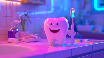 Animated tooth, plaque enemies, heroic toothbrush in hand, neon glow, eye level, vivid contrast, fun details , clean sharp focus - obrazy, fototapety, plakaty