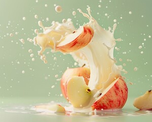 Apple chunks causing milk to splash, green plain background echoing the fruit, crisp and cole , soft photography
