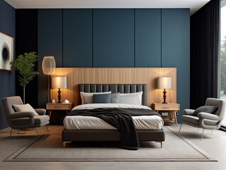 modern bedroom with a wood bed and brown walls