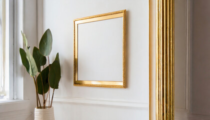 Gold picture frame on white wall in modern interior living room with plants.