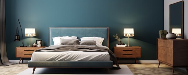 modern bedroom with a wood bed and cyan walls, in the style of dark azure and beige