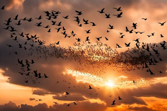 Silhouettes flock of Seagulls over the Sea during amazing sunset