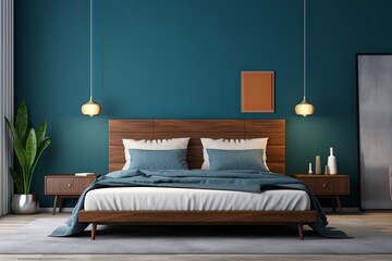 modern bedroom with a wood bed and cyan walls, in the style of dark azure and beige