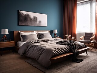 modern bedroom with a wood bed and cyan walls, in the style of dark azure and beige