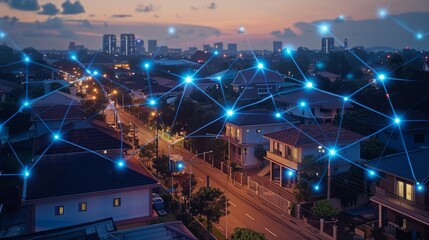 Smart grid network connecting homes and businesses - obrazy, fototapety, plakaty