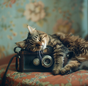 Lovely kitten asleep on a photo camera 