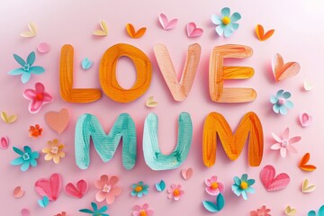 Love mum lay out phrase made of cut paper in pastel colors with flowers and hearts around the text - obrazy, fototapety, plakaty