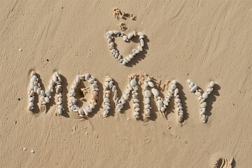 Fototapeta na wymiar Love mommy lettering made of peebbles, a heart and an inscription on the beach, sand surface background