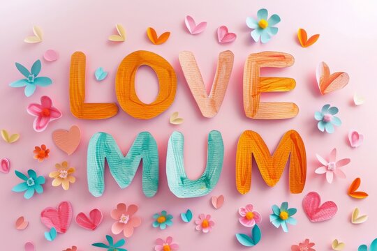 Love mum lay out phrase made of cut paper in pastel colors with flowers and hearts around the text