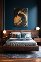 modern bedroom with a wood bed and gray walls, in the style of dark azure and beige