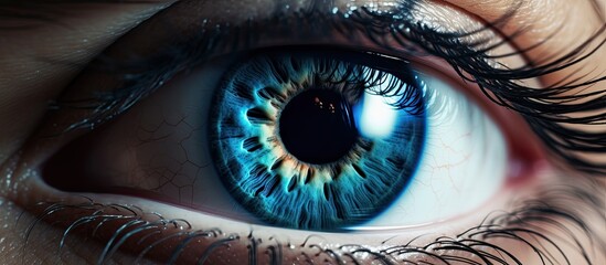 Detailed view of a single eye showing a captivating blue iris, with intricate patterns and textures