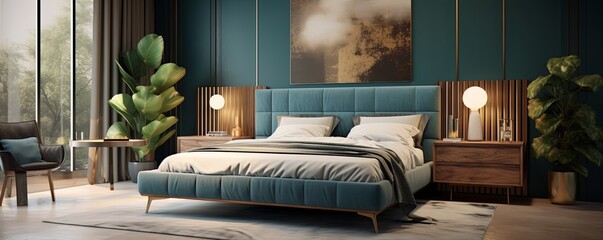 modern bedroom with a wood bed and gray walls, in the style of dark azure and beige - obrazy, fototapety, plakaty