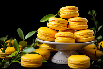 Yellow macarons, artistically placed on a dark plate, surrounded by fresh raspberries, slices of mango, and mint leaves. Perfect for culinary presentations, food blogs or dessert menus