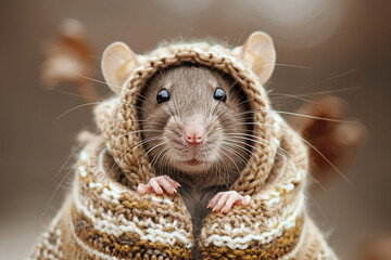 brown rat wearing a sweater the sweater is beautifully designed with white and gold accents