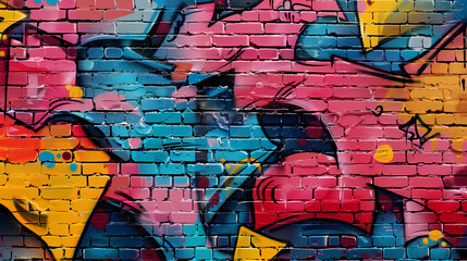 Fototapeta premium Urban brick wall covered with graffiti, showcasing vibrant street art and textures