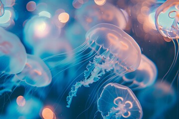 Mesmerizing Jellyfish Gliding Peacefully in Blue Water - obrazy, fototapety, plakaty