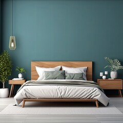 Fototapeta na wymiar modern bedroom with a wood bed and indigo walls, in the style of dark azure and beige
