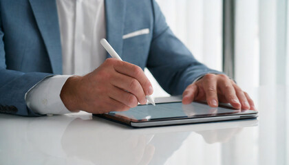Business male wearing a suit sitting at a desk using a tablet or iPad with a white stylus pen studying doing homework.
