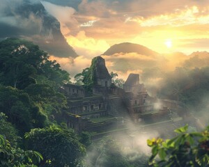 Ancient Mayan Ruins in Misty Jungle Sunrise
