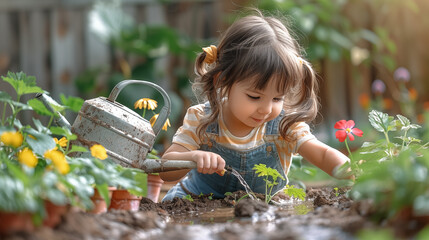 Cute little girl watering the flowers in the garden at home - obrazy, fototapety, plakaty