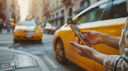 A hand holds a smartphone with a blurred yellow taxi in the background.