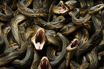 A lot of aggressive snakes with open mouth