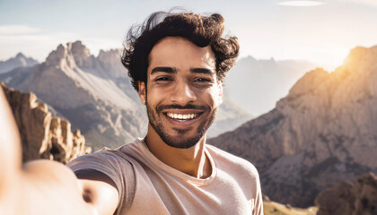 Naklejka premium Smiling boy taking a selfie on a hike with a beautiful nature mountain landscape background. Travel, road trip, backpacking theme concept. Ai generated. 