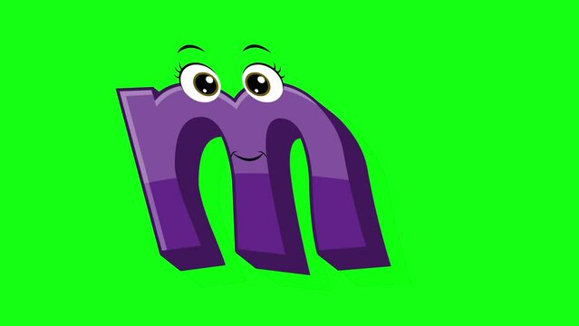 Cartoon style letter m 2d animation with green screen background, m alphabet dancing letters for little kids