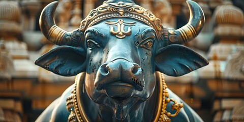Symbolic image of Nandi sacred bull of Hindu god Shiva standing strong. Concept Hindu deities, Shiva, Nandi, sacred animal, symbolism - obrazy, fototapety, plakaty