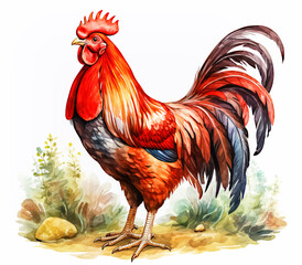 Watercolor Farm Chicken in Countryside Landscape Painting Illustration