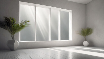 Horizontal photo of an empty, clean white room with big architecture windows with beautiful sunlight shining through. Light, bright product mockup background space. ai generated. 