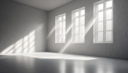Horizontal photo of an empty, clean white room with big architecture windows with beautiful sunlight shining through. Light, bright product mockup background space. ai generated. 