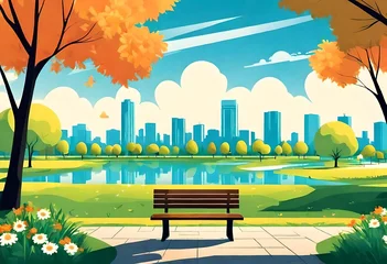 Küchenrückwand glas motiv Public park nature landscape with sky blue and clouds over city background.Vector illustration Nature scene with bench under big trees in Summer park.Banner Urban with spring meadow and orange flower  © Hussain