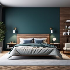 modern bedroom with a wood bed and ivory walls, in the style of dark azure and beige
