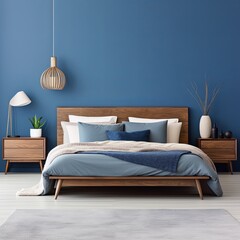 modern bedroom with a wood bed and ivory walls, in the style of dark azure and beige