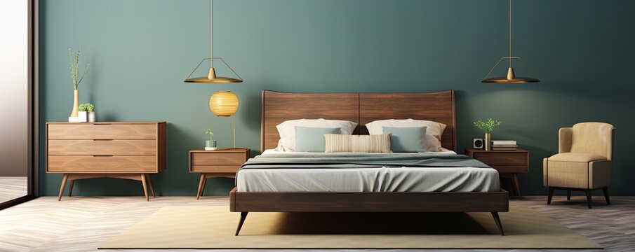 modern bedroom with a wood bed and khaki walls, in the style of dark azure and beige