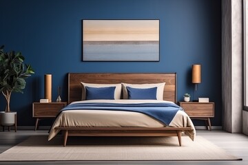 modern bedroom with a wood bed and lilac walls, in the style of dark azure and beige