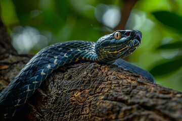 Fototapeta premium Dark green snake curled on a wooden branch of a tree