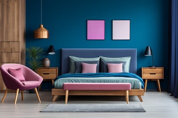 modern bedroom with a wood bed and magenta walls, in the style of dark azure and beige