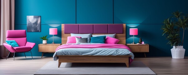 modern bedroom with a wood bed and magenta walls, in the style of dark azure and beige