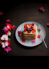 Delicious pancakes with honey, blueberry and edible flowers. Healthy breakfast concept with copy space - 764689787