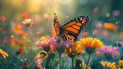 A colorful butterfly garden, with buzzing bees as the background, during a warm summer morning - obrazy, fototapety, plakaty