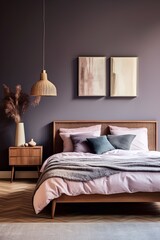 modern bedroom with a wood bed and mauve walls, in the style of dark azure and beige