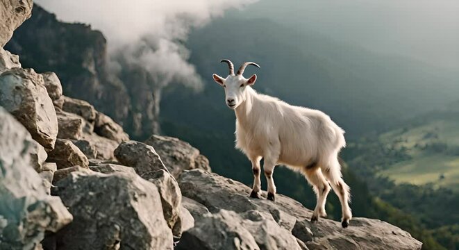 Goat on top of a mountain.	
