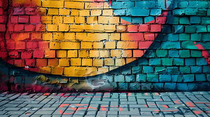 Urban brick wall covered with graffiti, showcasing vibrant street art and textures