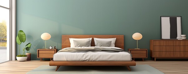 modern bedroom with a wood bed and mint walls, in the style of dark azure and beige