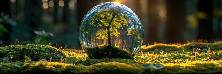 Earth's Oracle Crystal Ball on Moss Represents Ecology,
Crystal earth on soil in forest with ferns
 - obrazy, fototapety, plakaty
