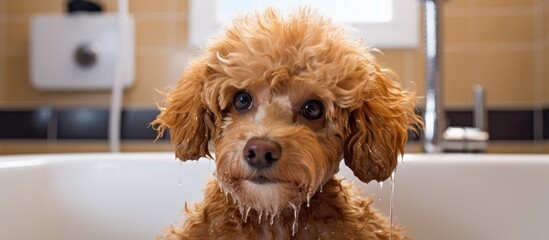 A dog with long neck and spotted coat is seated in a tub, with water pouring from its mouth
