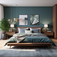 modern bedroom with a wood bed and olive walls, in the style of dark azure and beige