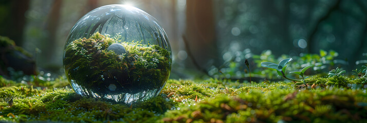 Earth's Oracle Crystal Ball on Moss Represents Ecology,
A glass ball with a forest scene in the background
 - obrazy, fototapety, plakaty